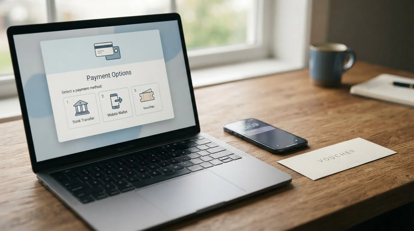 Notebook s otevřenou stránkou platebních metod a mobil s tokenizovanou platbou