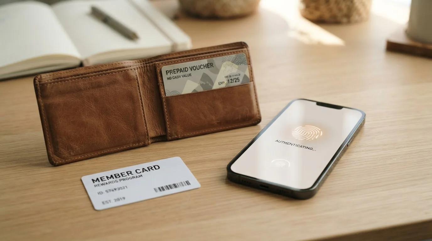 Kožená peněženka s poukazem paysafecard a smartphone se zapnutou biometrickou platební aplikací na pracovním stole