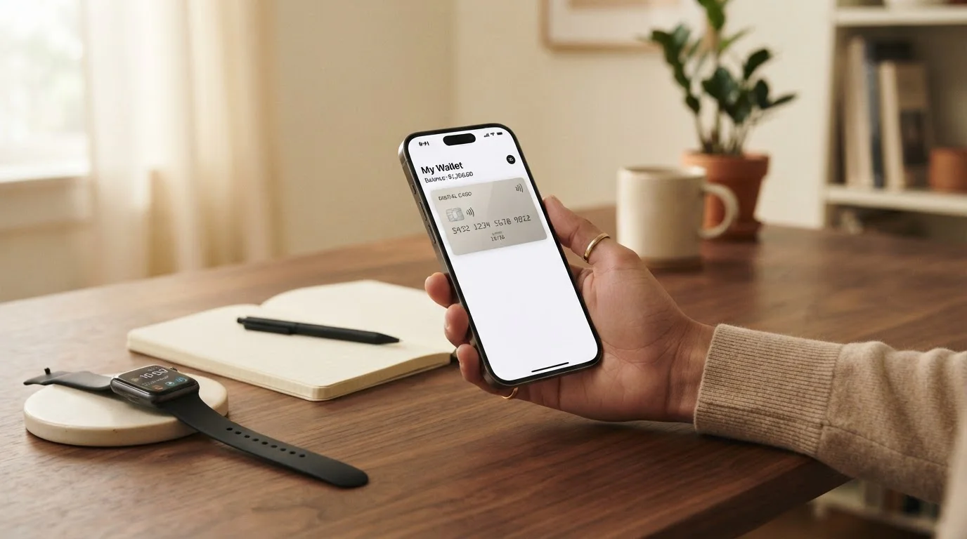 Ruka držící smartphone s otevřenou peněženkou pro biometrickou platbu u tichého stolu