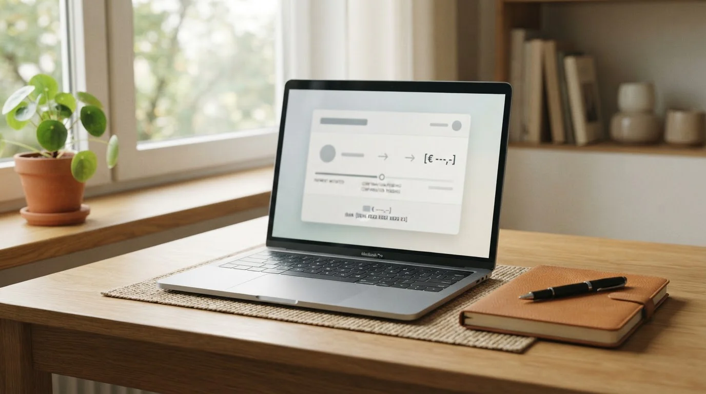 Uspořádaný pracovní stůl s notebookem otevřeným na výpisu bankovního převodu