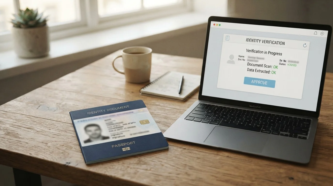 Doklad totožnosti položený na stole vedle notebooku otevřeného na stránce registrace přes Bank iD