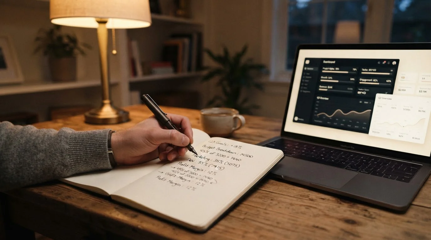 Ruka pořizující výpočty do notebooku vedle laptopu, ilustrace bonusové matematiky