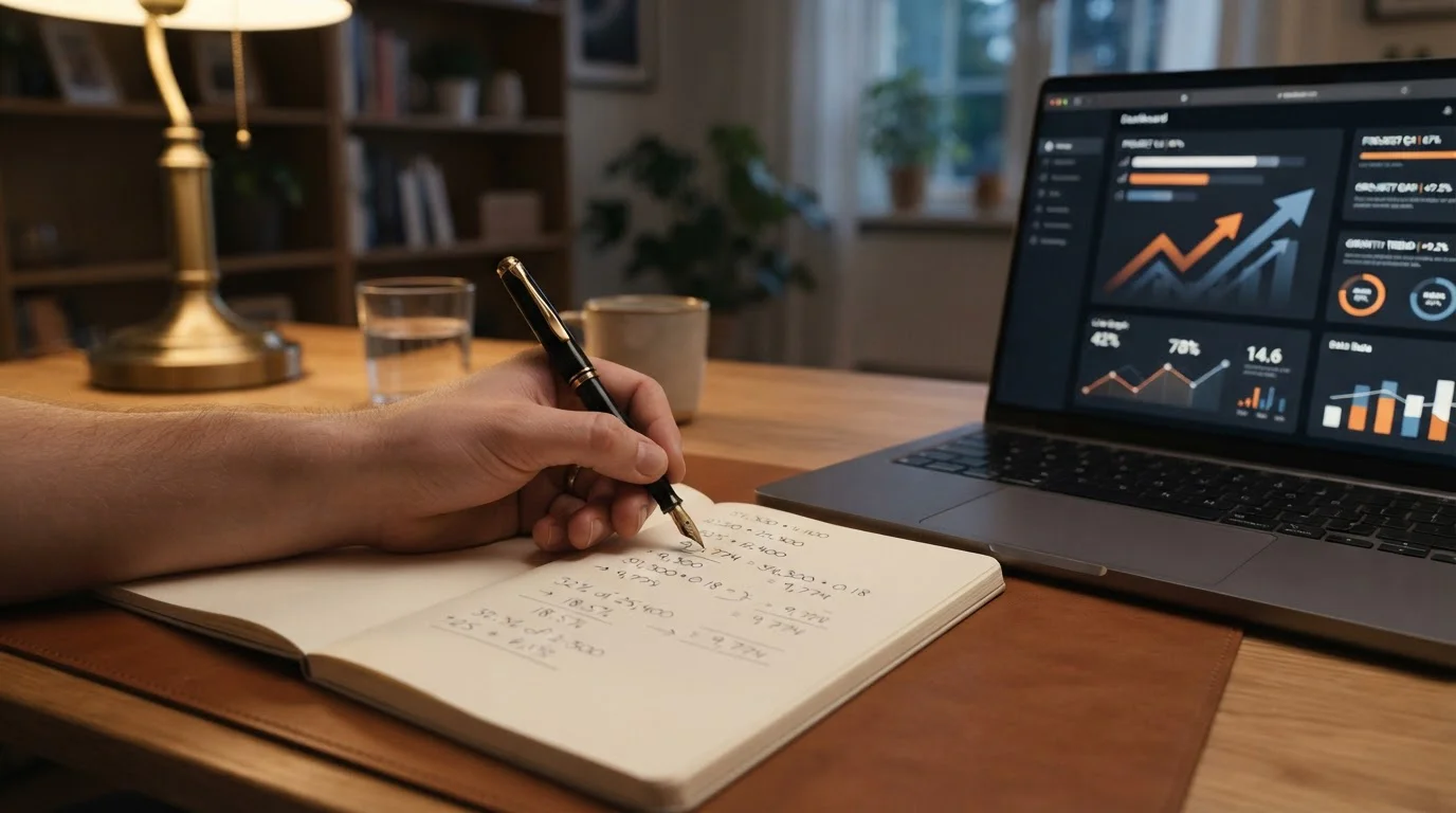 Ruka pořizující výpočty do notebooku vedle laptopu, ilustrace bonusové matematiky