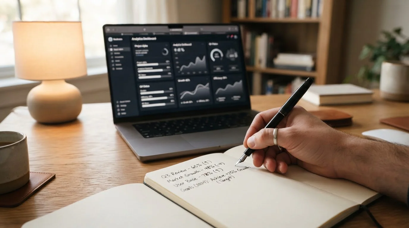 Ruka pořizující výpočty do notebooku vedle laptopu, ilustrace bonusové matematiky