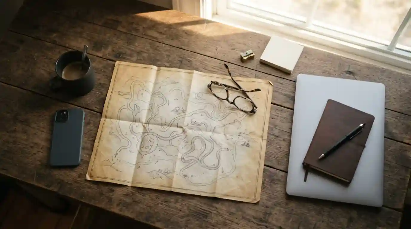 Přehledný stůl s telefonem, notebookem a papírovou mapou zobrazující cesty a šipky
