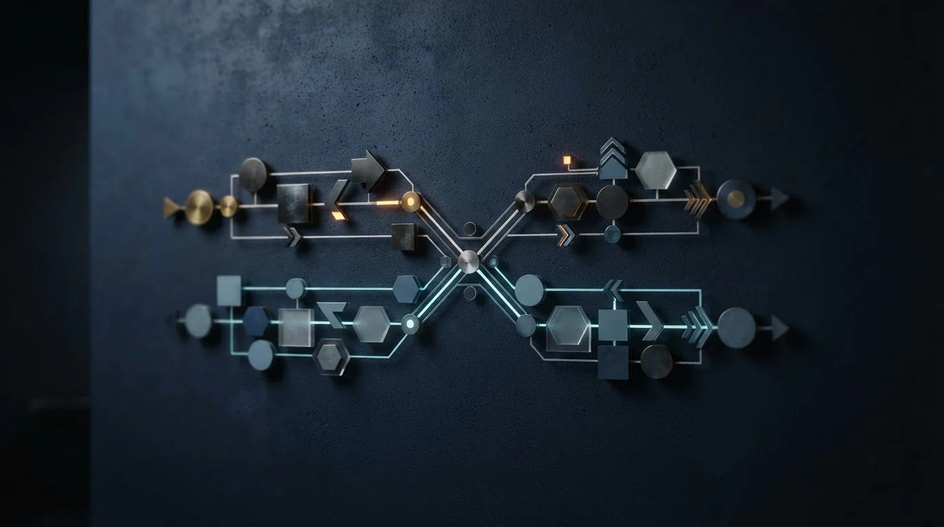Abstraktní diagram dvou paralelních procesů s uzly a šipkami