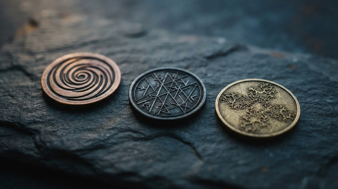 Abstraktní tokeny na tmavém pozadí, ilustrace tří kryptoměn