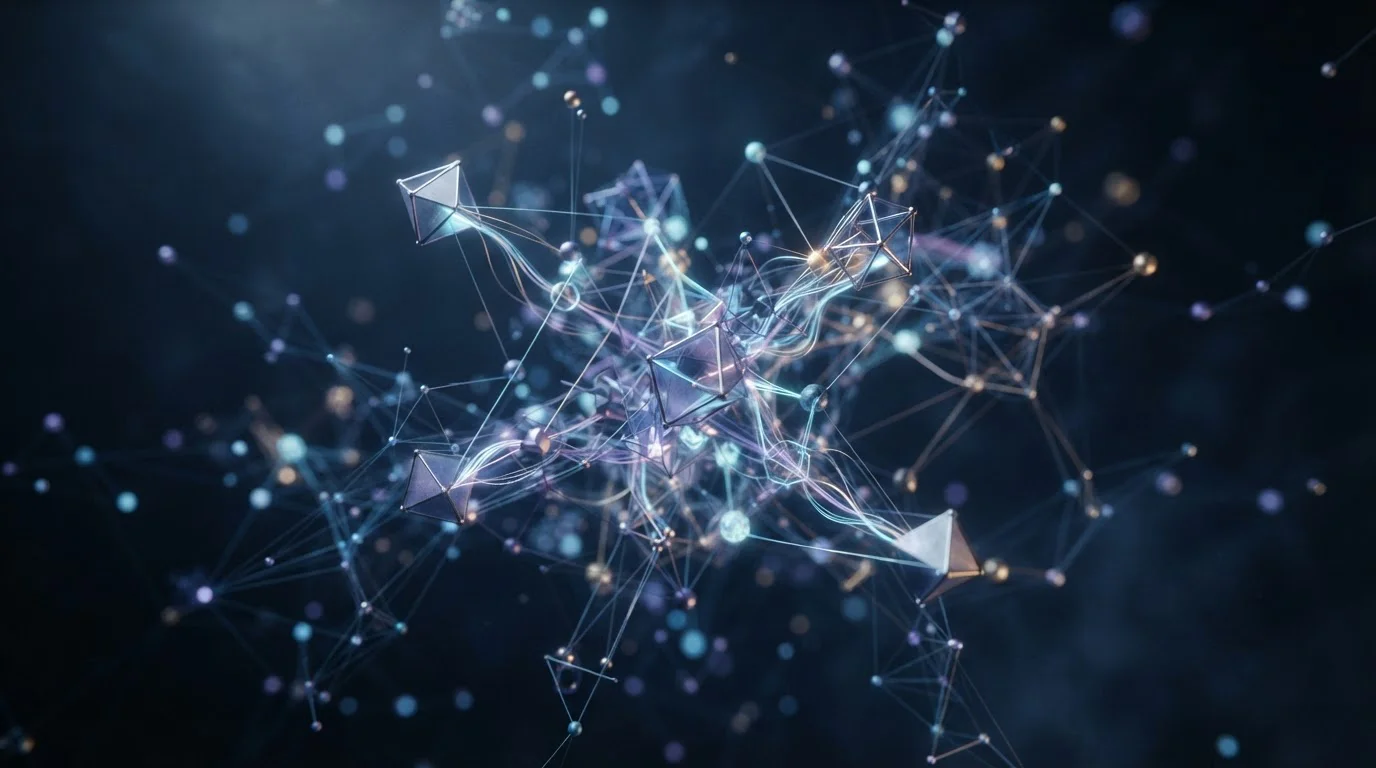 Abstraktní síťový diagram s uzly, ilustrace Ethereum sítě