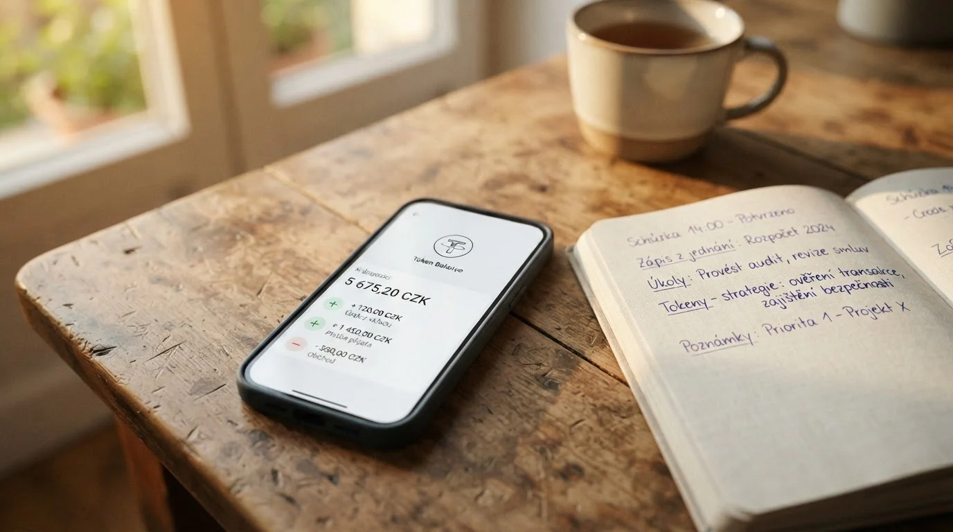 Chytrý telefon s otevřenou aplikací Google Wallet na dřevěném stole vedle notebooku s pokladnou českého online kasina