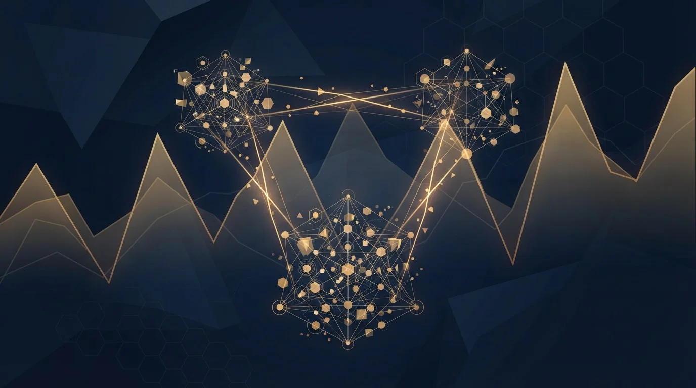 Ilustrační obrázek s Bitcoin, Ethereum a Tether symboly nad diagramem rychlosti výběru vs volatility kurzu