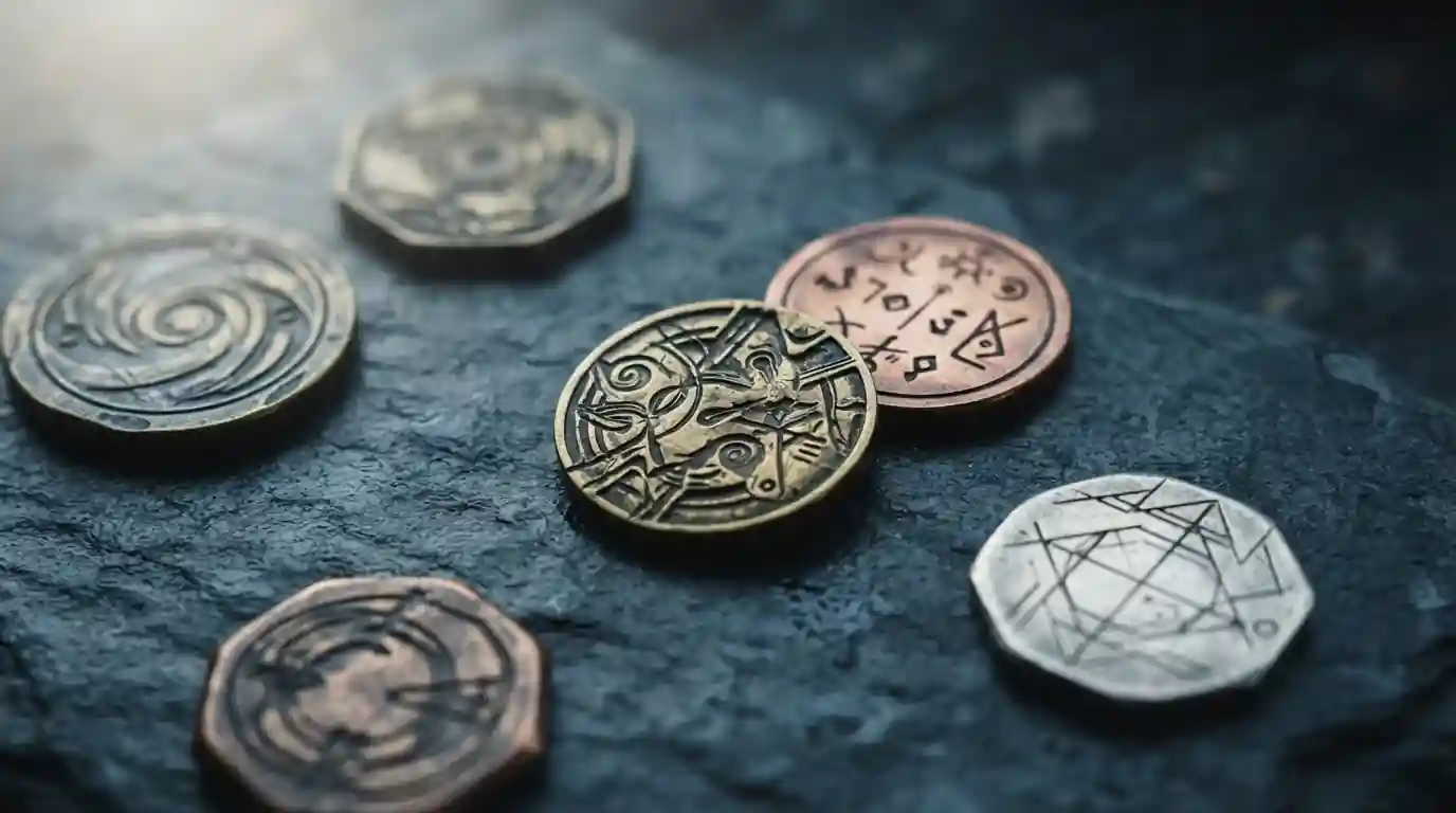 Abstraktní tokeny na tmavém pozadí, ilustrace kryptoměn včetně alt-coinů