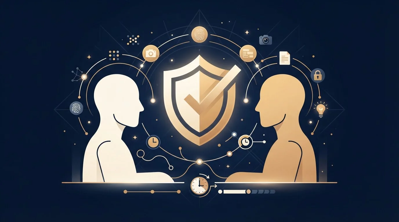 Vizuální metafora KYC procesu: dvě siluety propojené šipkou přes ochranné pole s tokeny ověření a časovými značkami