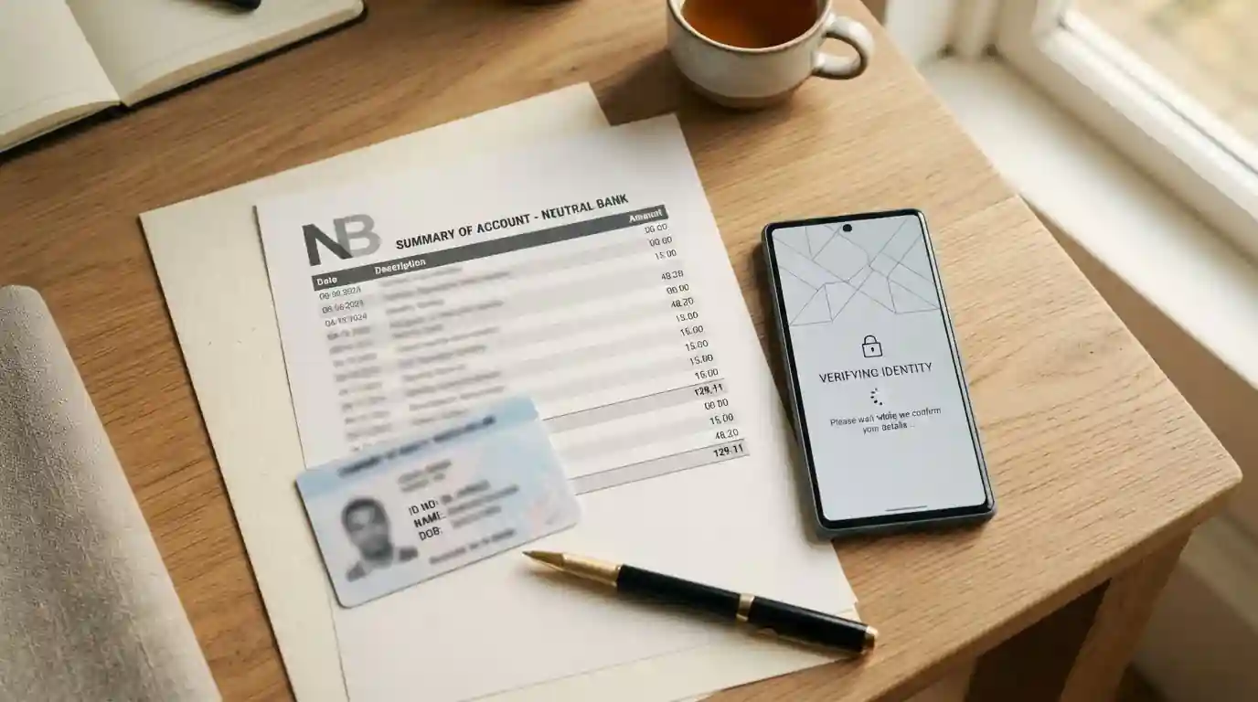Pracovní deska s bankovním výpisem, dokladem totožnosti a poznámkami k ověření identity
