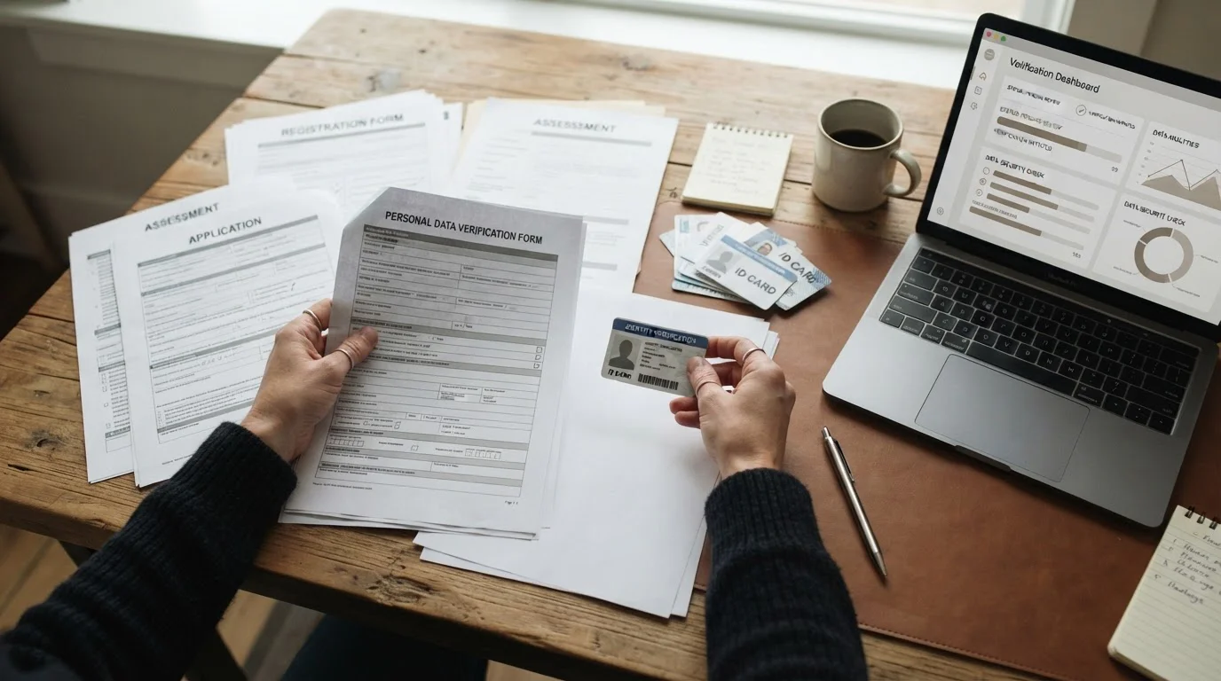 Osoba prohlíží generické doklady a formuláře u stolu, ilustrace KYC