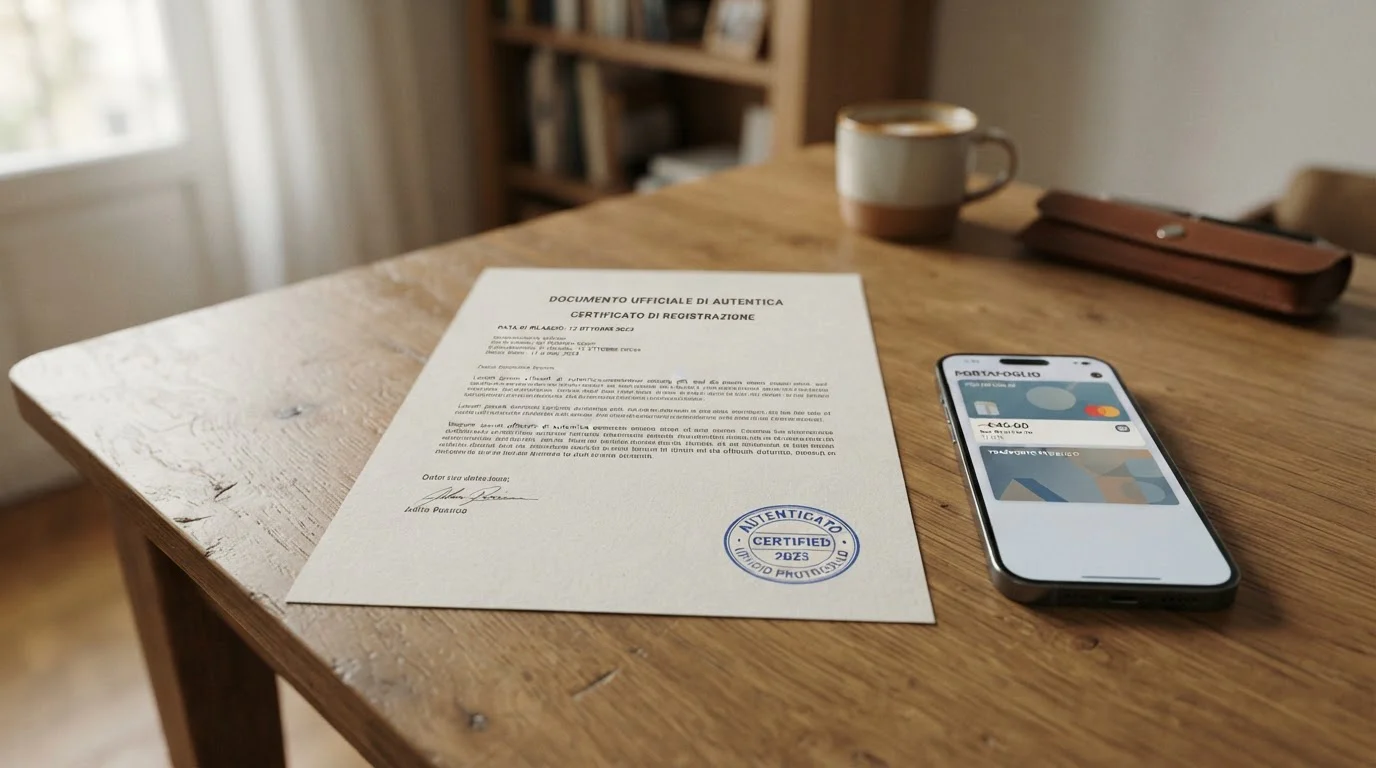 Dokument s abstraktním razítkem a peněženka, ilustrace licence a KYC v krypto kasinu