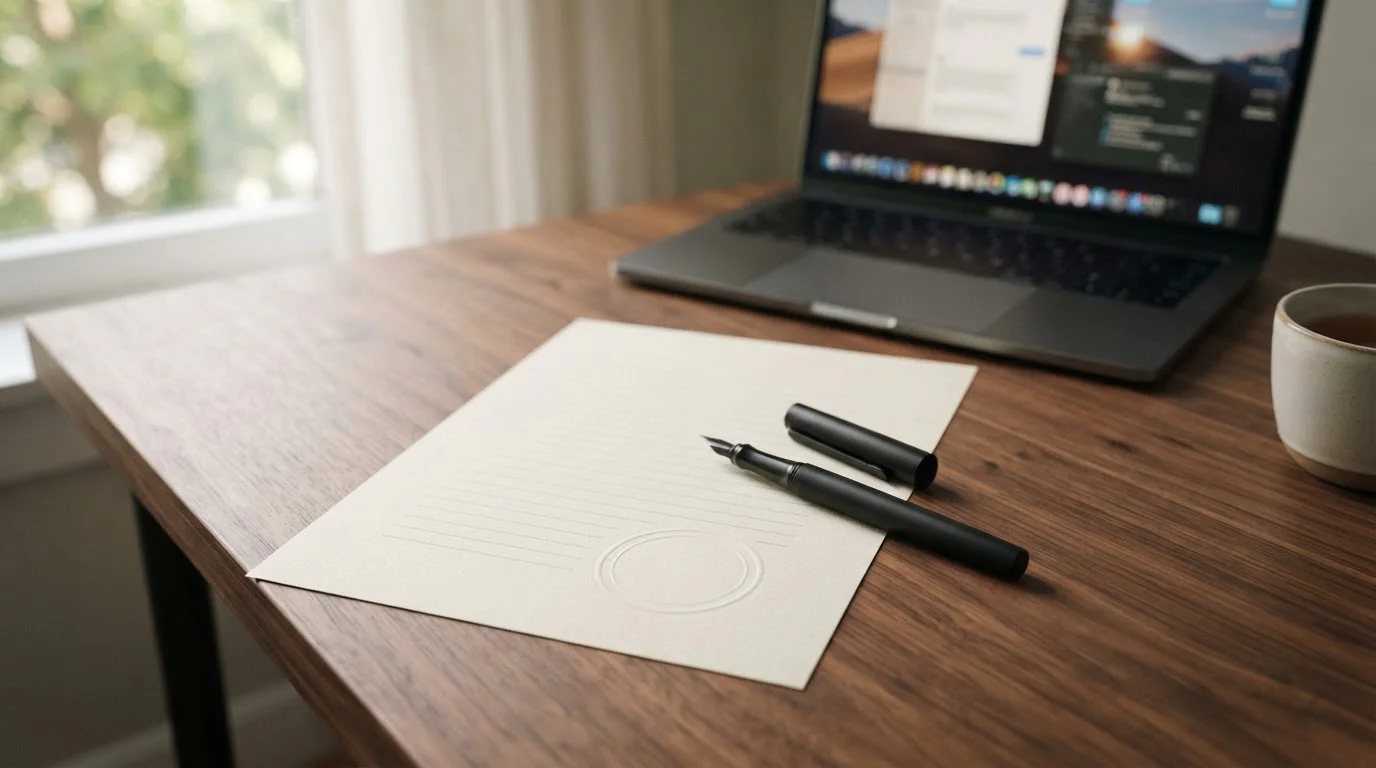 Neutrální dokument s razítkem a pero na dřevěné desce vedle otevřeného notebooku