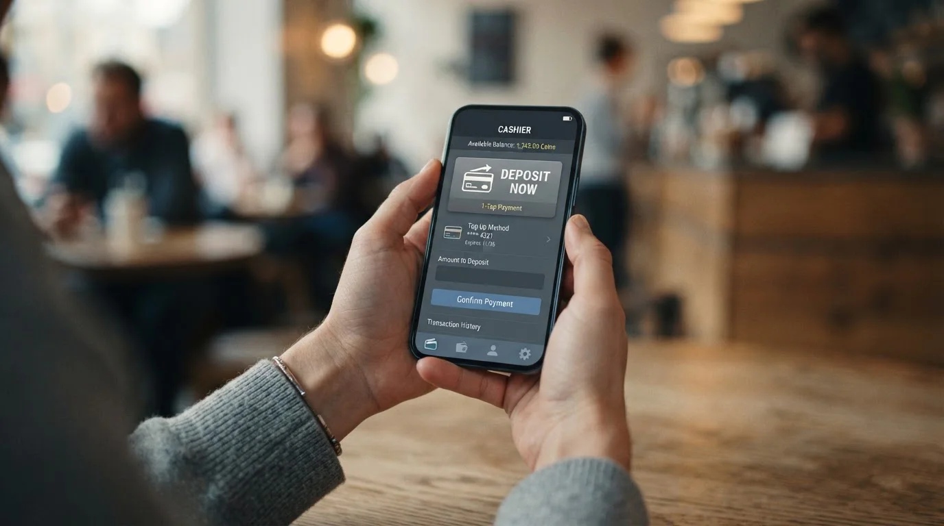 Ruce hráče držící smartphone s otevřenou aplikací casina a dlaždicí Apple Pay v pokladně