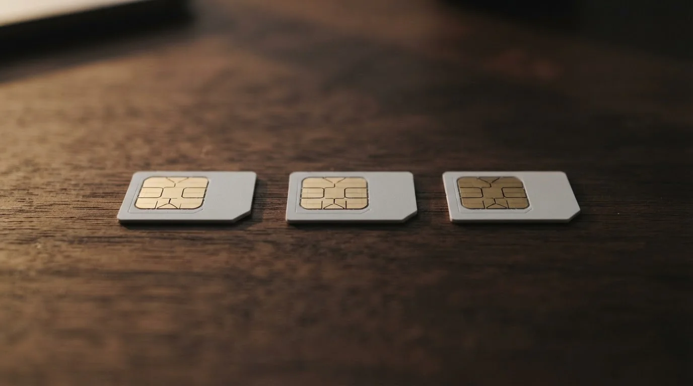 Tři generické SIM karty na dřevěném stole symbolizující české mobilní operátory