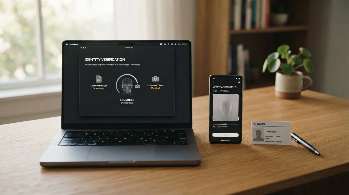 Notebook a smartphone na stole zobrazující proces ověření identity přes bankovní identitu bez viditelných loga bank