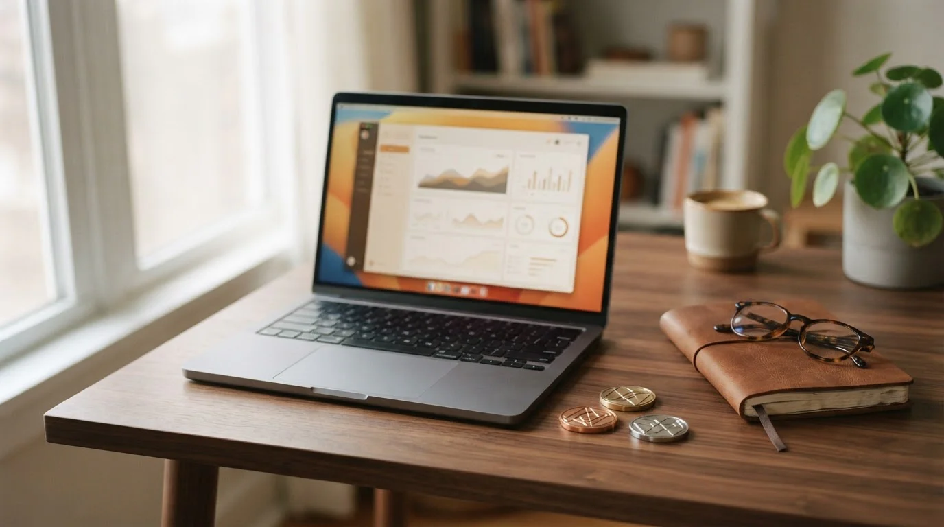 Notebook s abstraktním dashboardem a mince kryptoměn na dřevěném stole