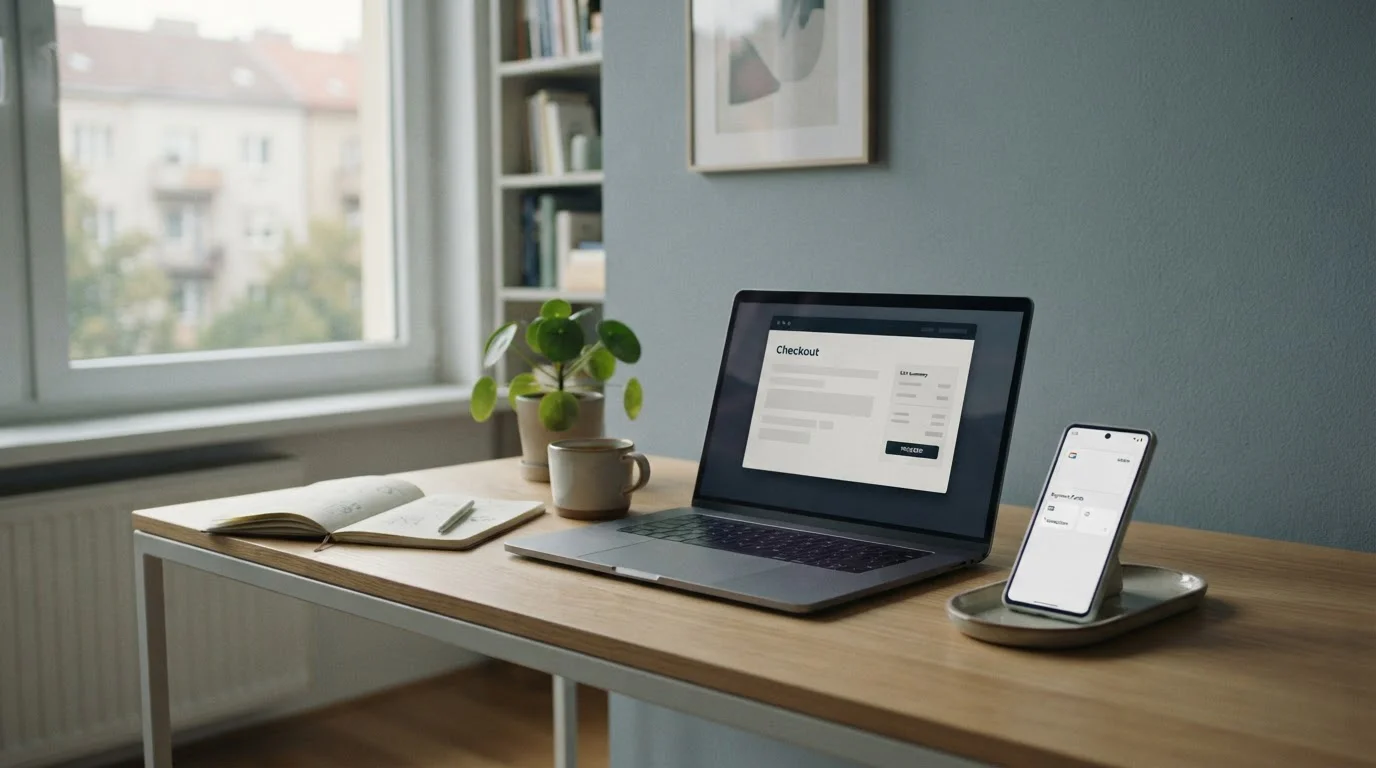 Kolegiální stůl s otevřeným notebookem s pokladnou online kasina a chytrým telefonem v horizontální kompozici, denní světlo