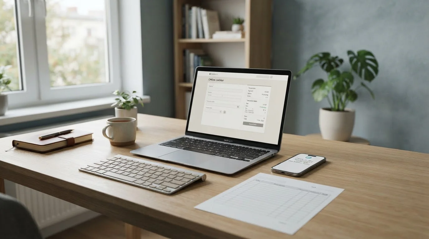 Pracovní stůl s notebookem a otevřenou pokladnou českého online casina s vkladem přes GoPay