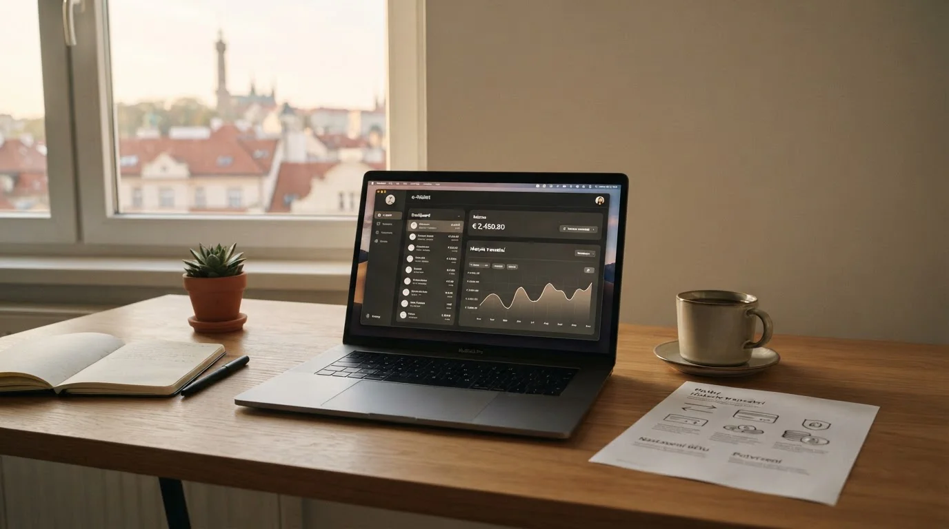 Pracovní stůl s laptopem a neutrálním rozhraním e-peněženky pro vklad do českého online kasina