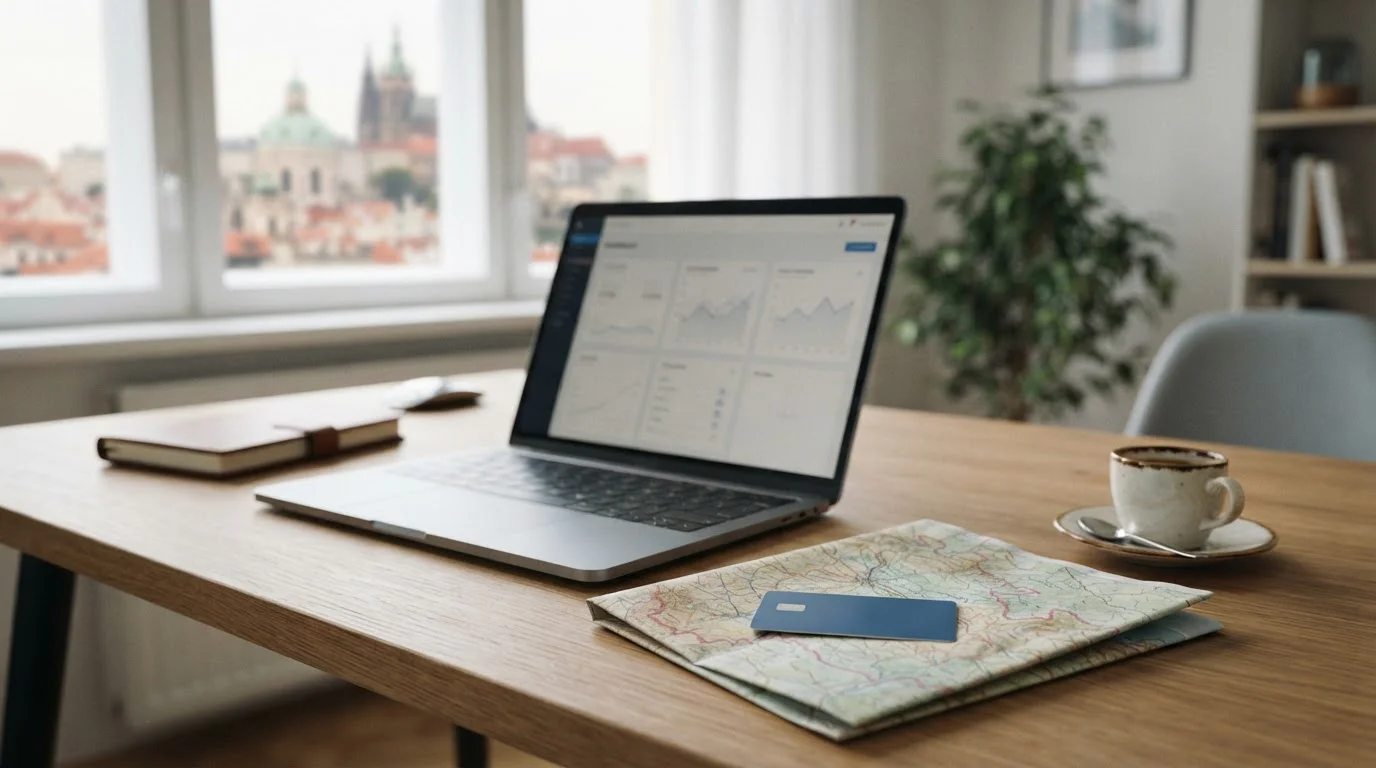 Pracovní stůl s notebookem, kartou Visa a mapou českých licencovaných kasin