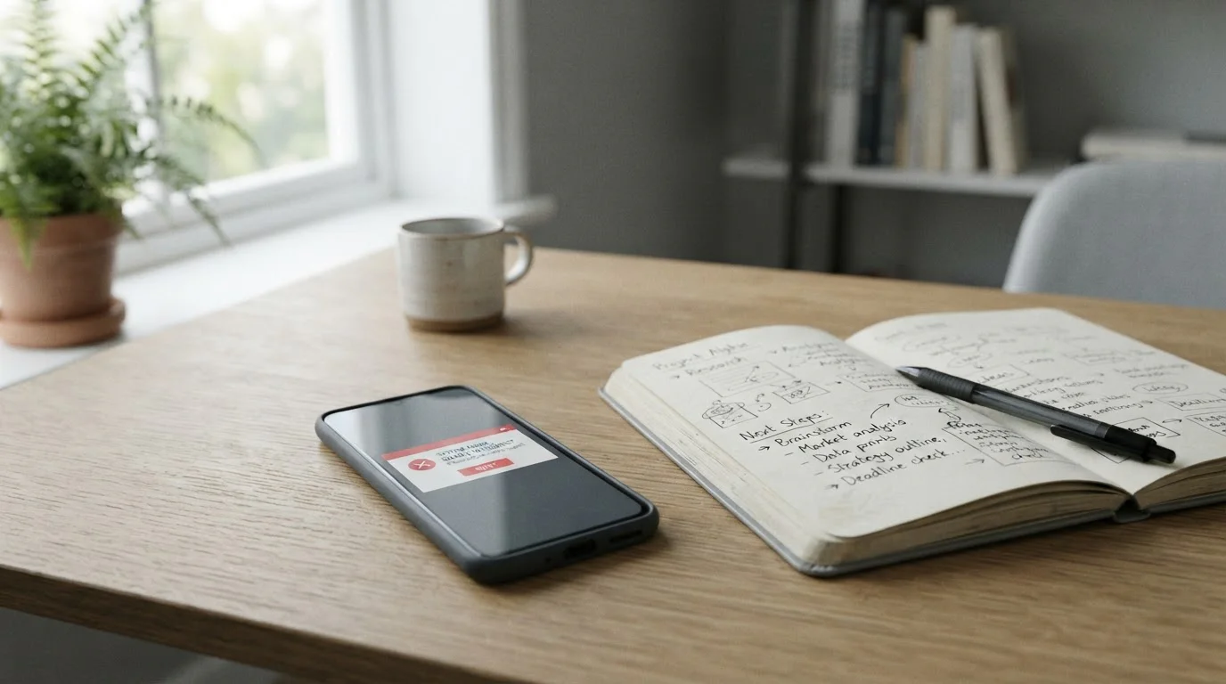 Mobilní telefon na stole s chybovým hlášením a otevřený notes s poznámkami k alternativám platby