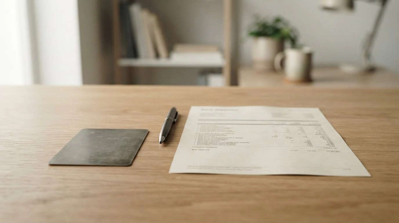 Stůl s otevřeným občanským průkazem, druhým dokladem a bankovním výpisem připravenými pro registraci