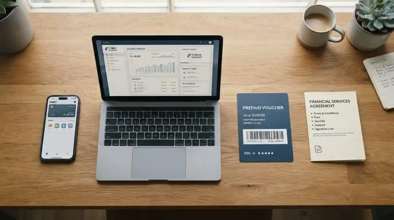 Stůl s několika platebními nástroji vedle sebe — telefon, notebook s bankou, obálka s voucherem
