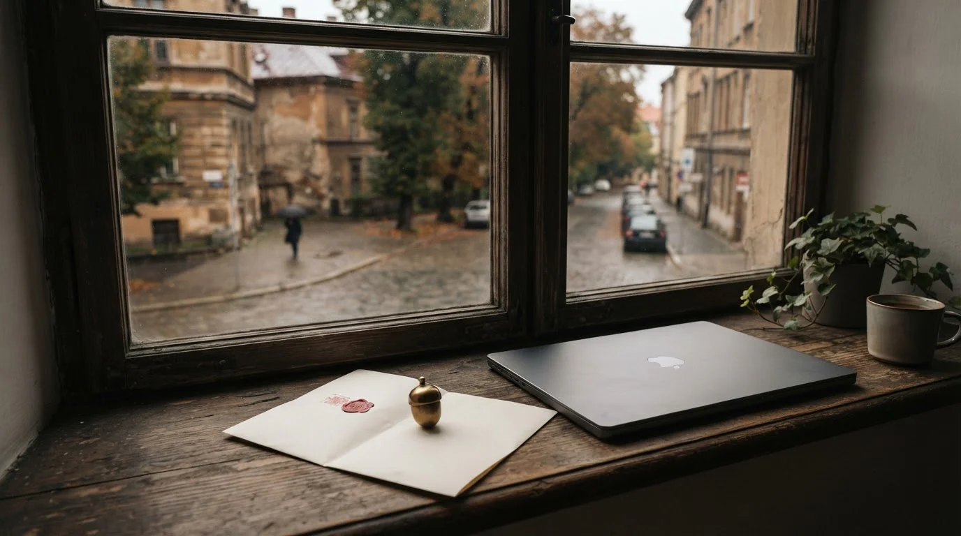 Notebook a razítko na dokumentu s právním upozorněním u okna s klidnou pouliční kompozicí