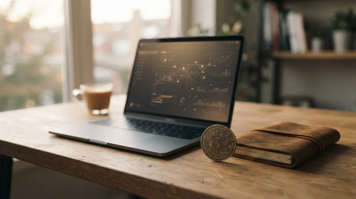 Notebook s abstraktním herním rozhraním a symboly bitcoinu na stole