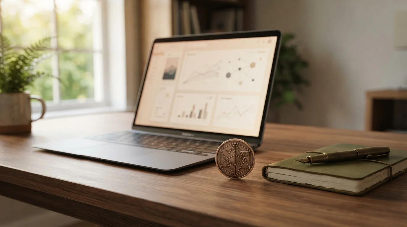 Notebook s abstraktním herním rozhraním a symboly Etherea na stole