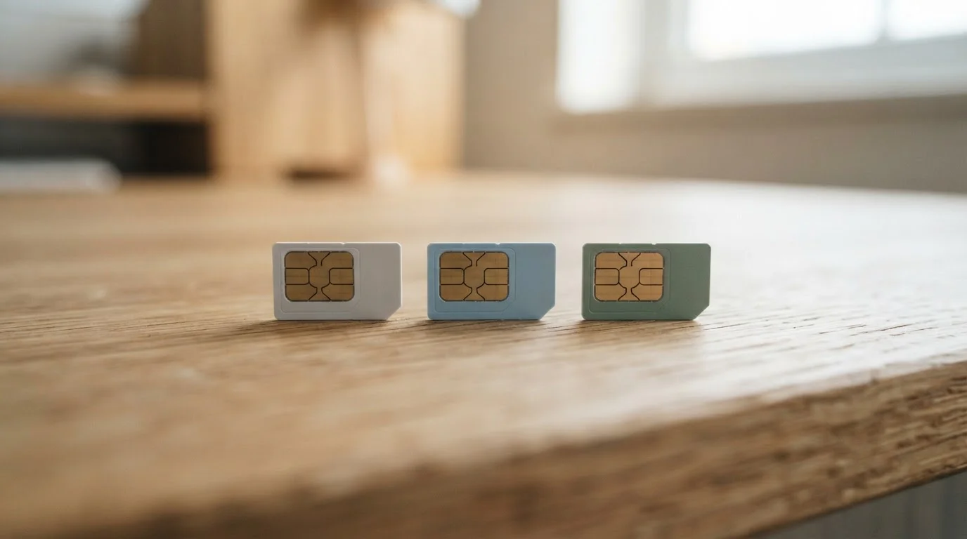 Tři SIM karty vedle sebe na světlém dřevěném stole s nálepkami reprezentujícími české mobilní operátory