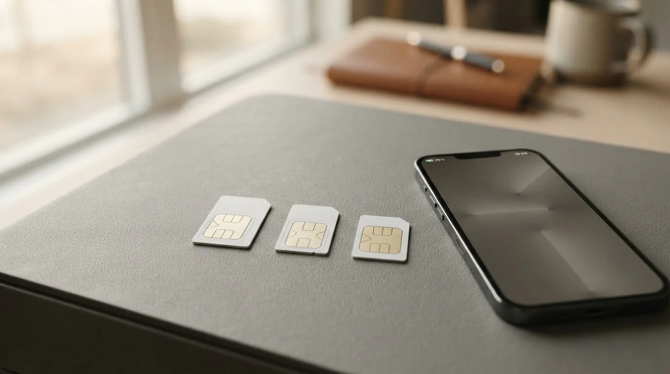 Tři SIM karty vedle mobilního telefonu s ukazatelem stavu kreditu pro české operátory