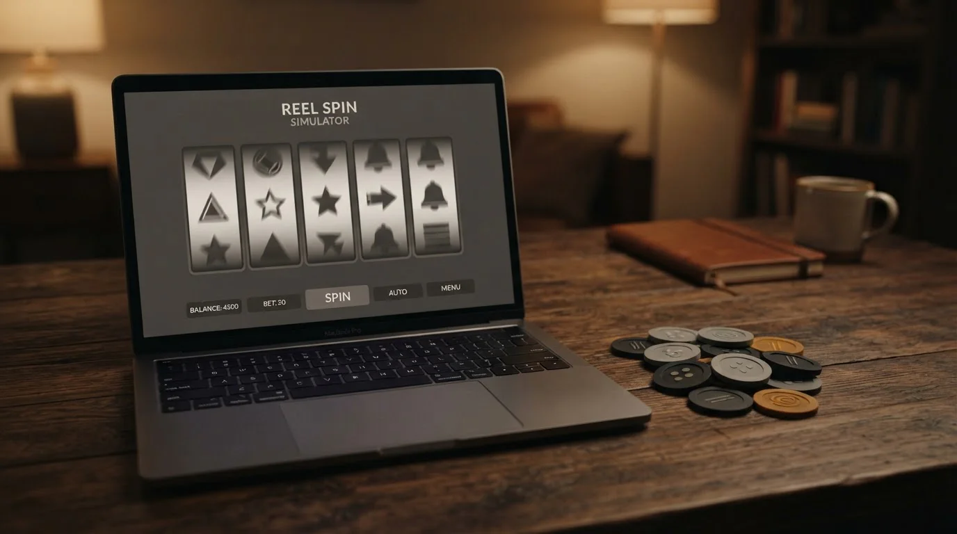 Abstraktní herní žetony bez značky vedle laptopu s neurčeným herním rozhraním