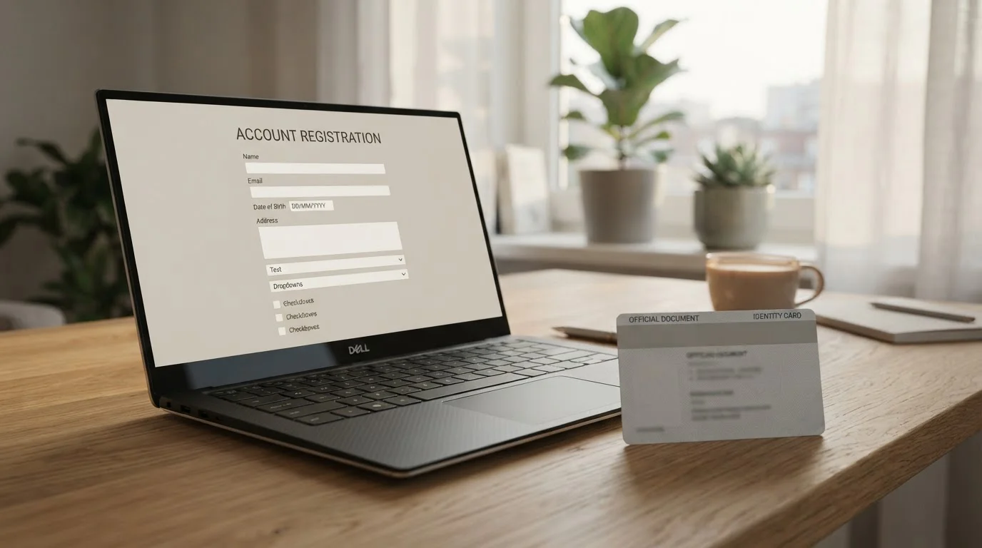 Papírový český občanský průkaz vedle notebooku s registračním formulářem, tlumené světlo