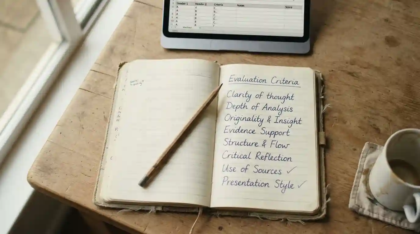 Zápisník s ručně psanými kritérii hodnocení, pero a otevřený notebook s tabulkou