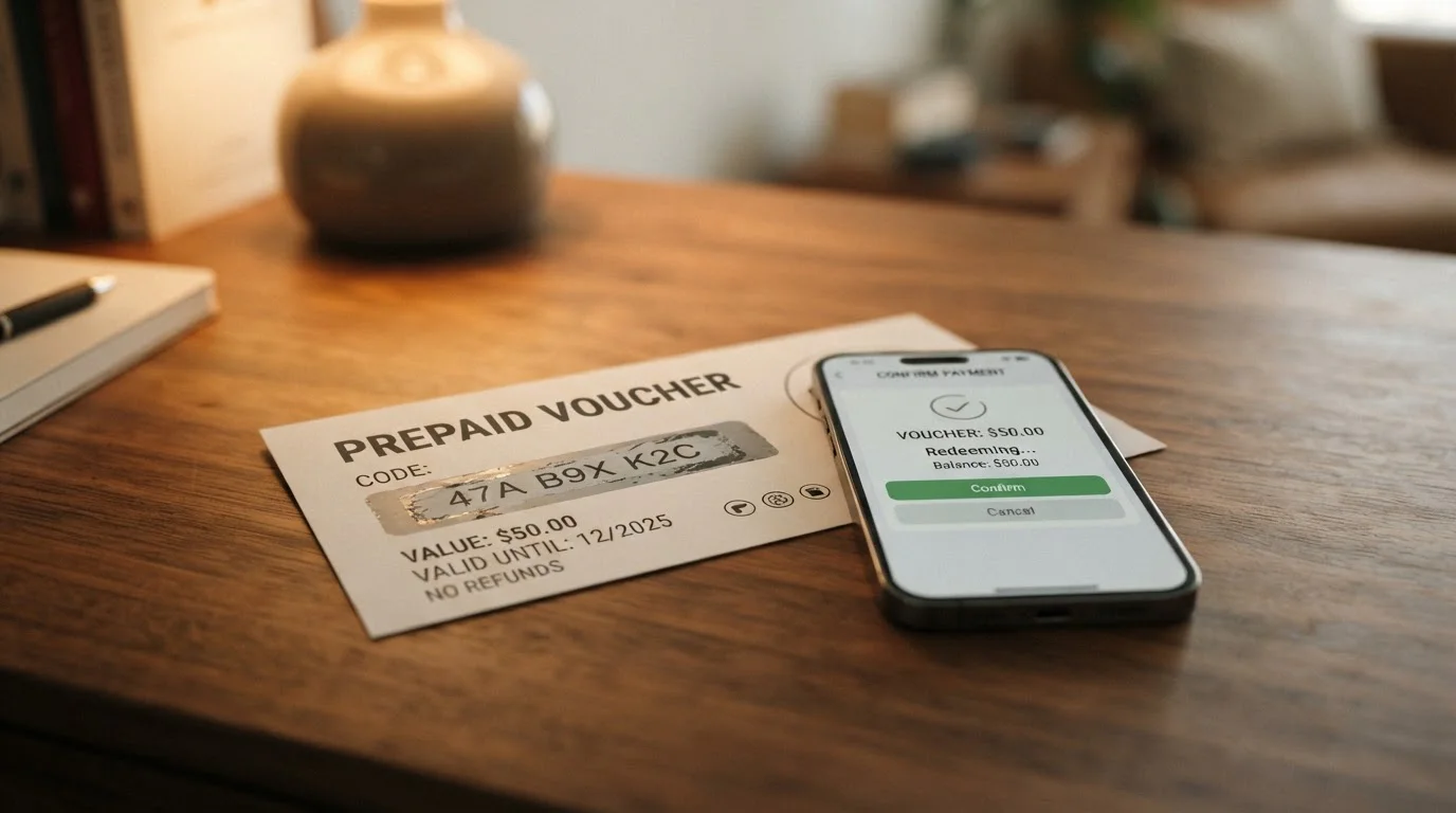 Prepaid voucher s částkou 100 v hodnotě a mobilní telefon s otevřenou platební obrazovkou