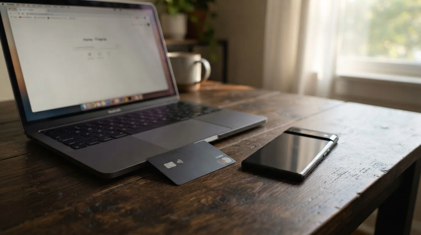 Bezkontaktní platební karta a notebook na dřevěném stole u okna s denním světlem