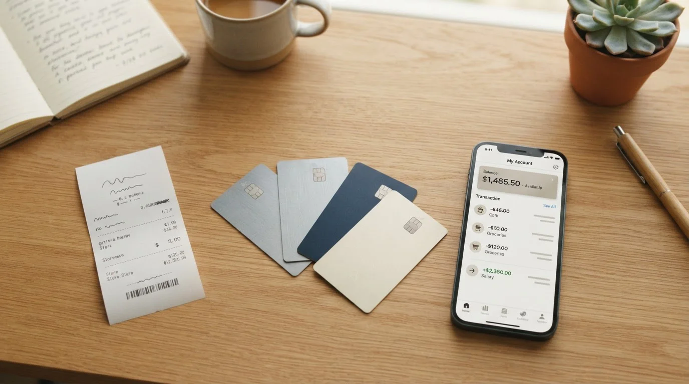 Přehled platebních karet a mobilního telefonu s bankovní aplikací pro vklad 50 Kč