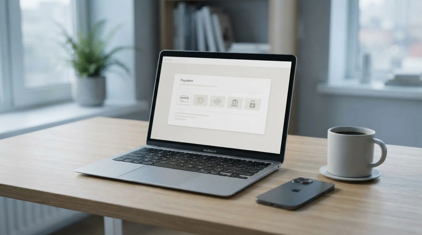 Notebook s otevřeným rozhraním online kasina a různými platebními metodami na obrazovce