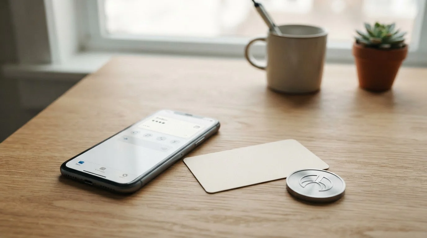 Detail smartphonu s aplikací e-peněženky vedle papírového poukazu a mobilního telefonu, minimalistická scéna