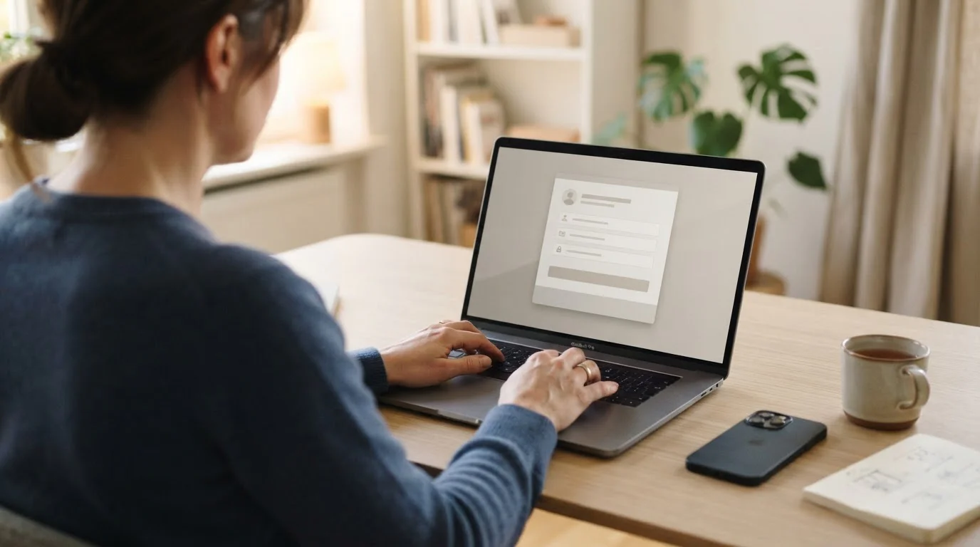 Osoba u čistého pracovního stolu s notebookem během registrace v online kasinu