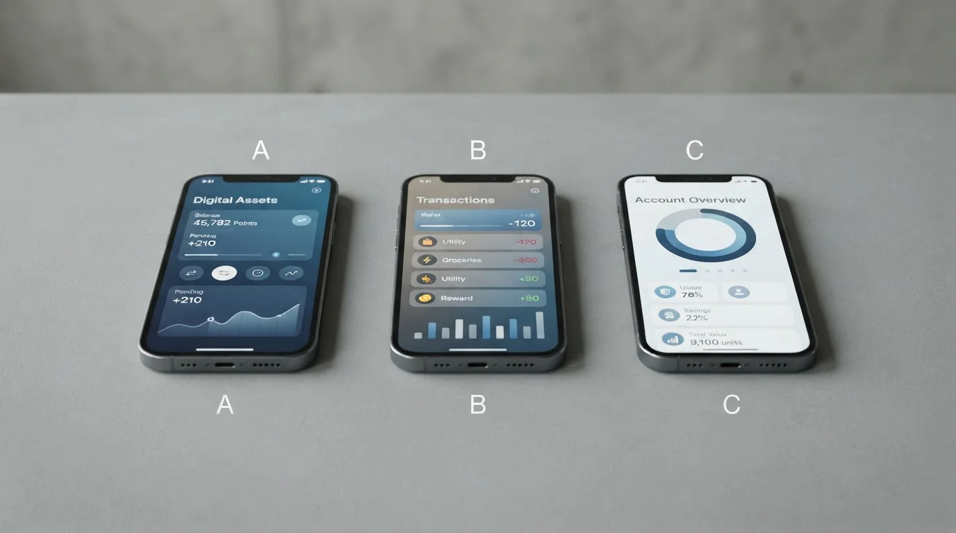 Tři různé mobilní obrazovky vedle sebe s abstraktními symboly peněženek