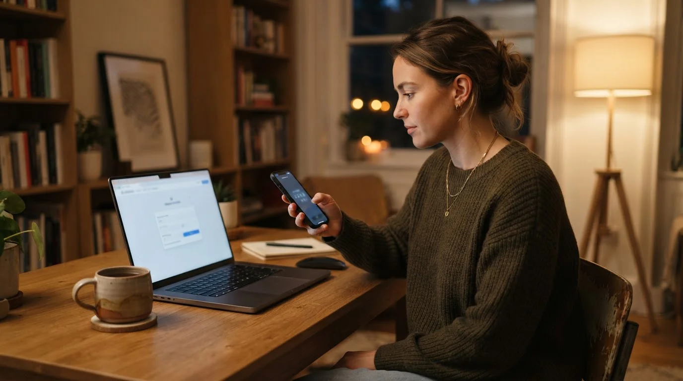 Osoba u laptopu procházející kroky ověření identity v peněžence NeteraPay s mobilem po ruce