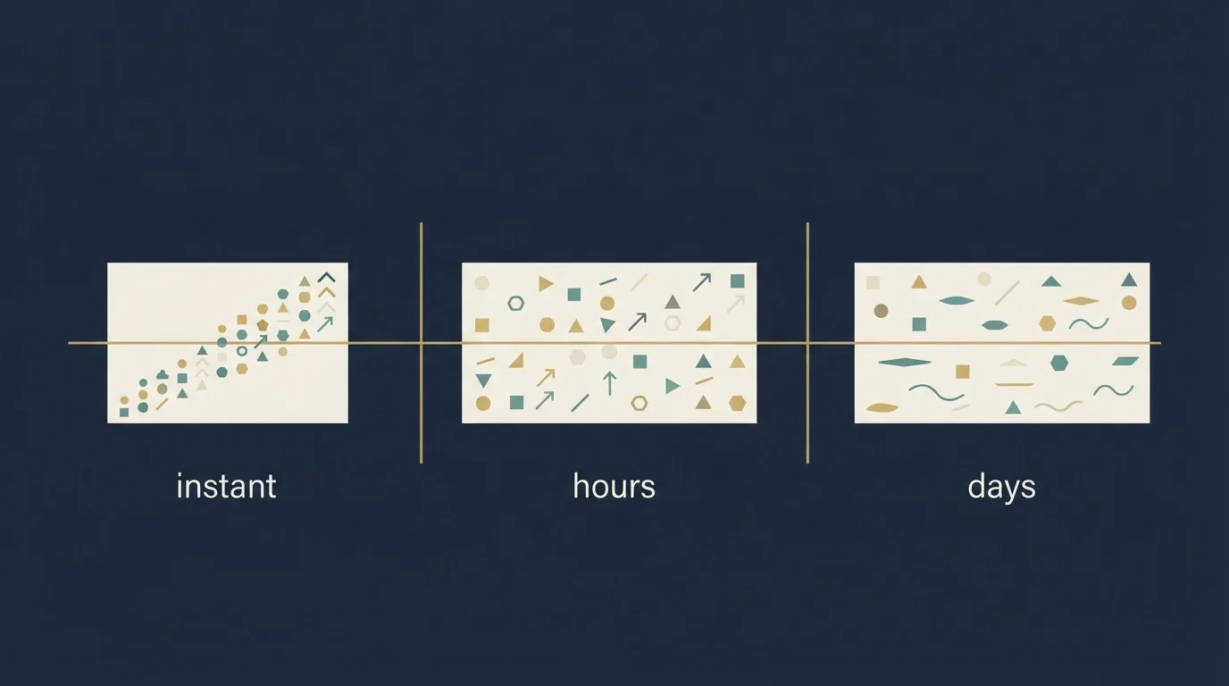 Diagram srovnání rychlosti platebních metod s vodorovnou časovou osou od okamžitého po několik dnů, se skupinami metod umístěnými podle typické doby zpracování