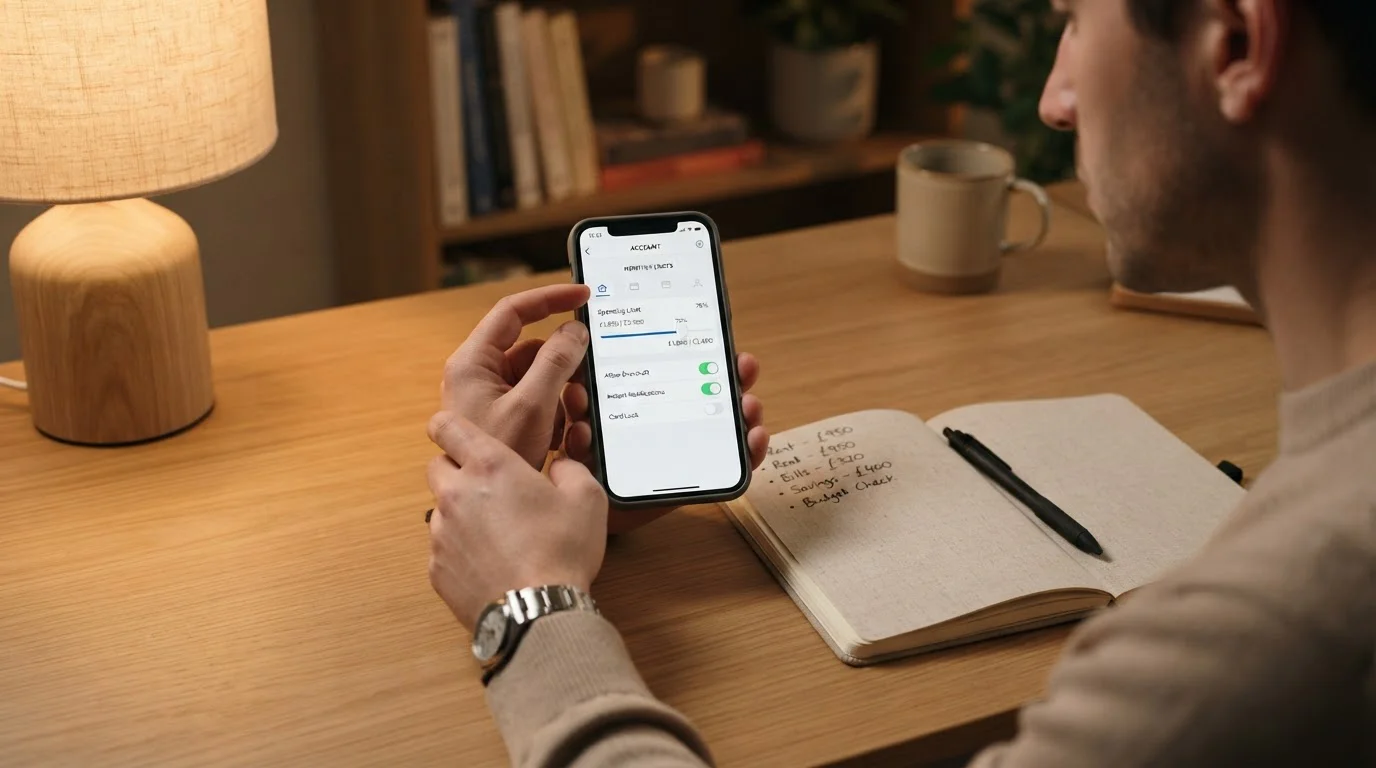 Osoba u pracovního stolu prohlížející v mobilní aplikaci nastavení denního limitu pro platební služby operátora