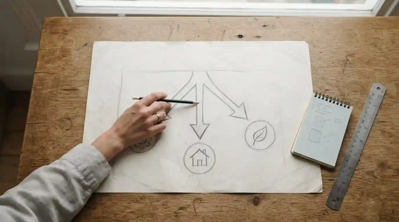 Ruka označuje jednu ze tří šipek na papírovém diagramu položeném na pracovním stole